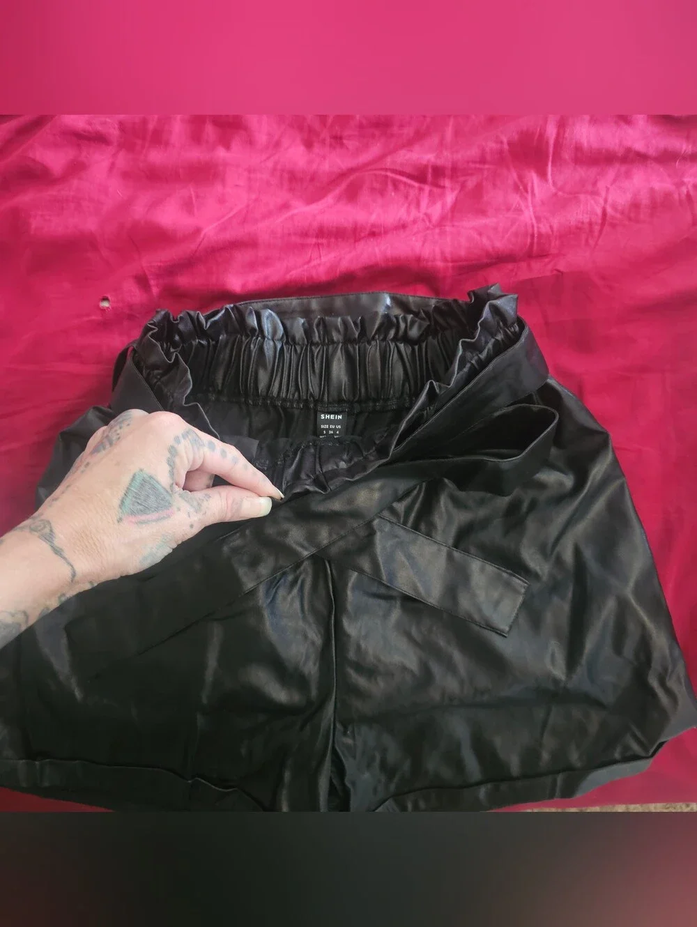 SHEIN Black Faux Leather Paperbag Waist Skort with Tie